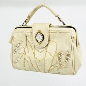 Vintage 80s 90s Cream Ivory Crocodile Faux Leather Patchwork Mini Bag